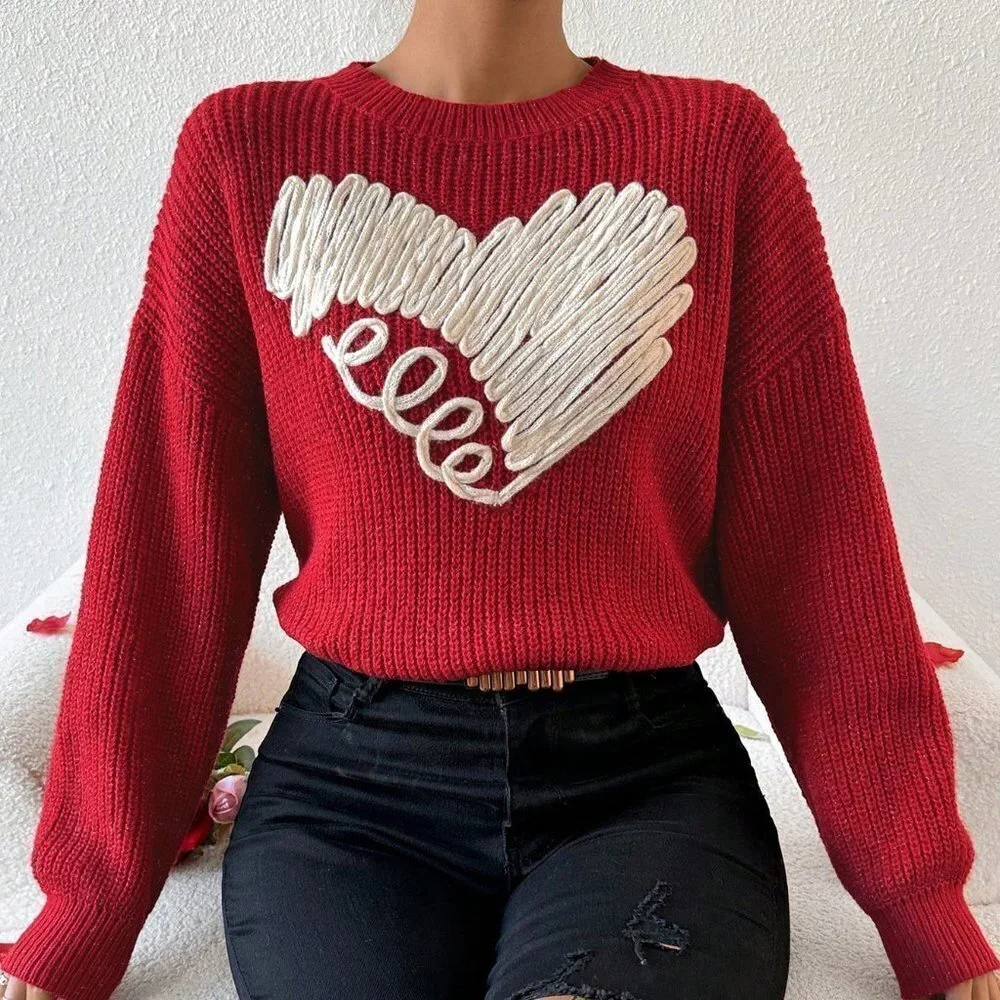 Red Casual Womens Love Heart Patchwork Drop Shoulder Sweater
